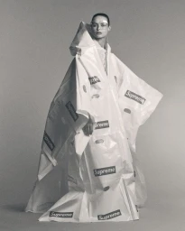 Model Birgit Kos wearing a sculptural white plastic poncho printed with Supreme logos against a grey background.