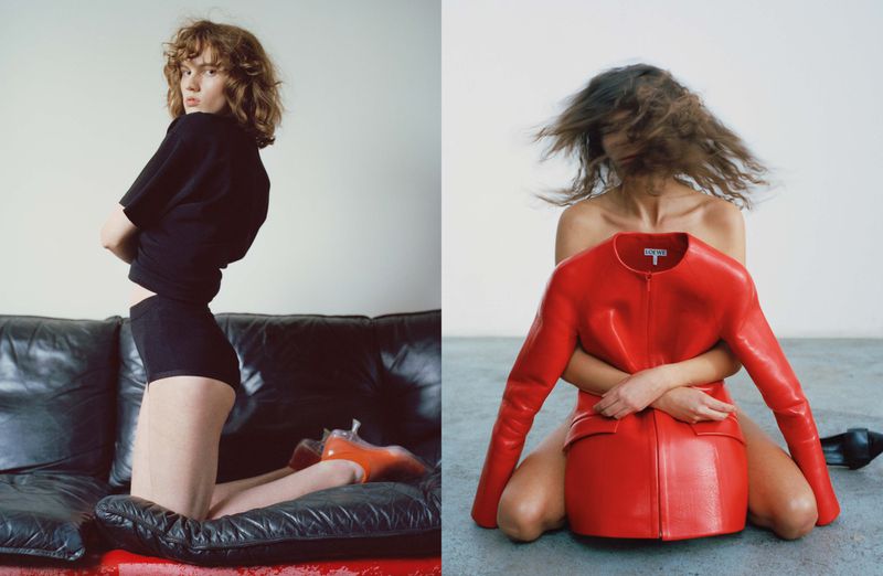 Two-panel fashion shot: woman on a black leather sofa in shorts and T-shirt, and a second woman hugging a red leather jacket.