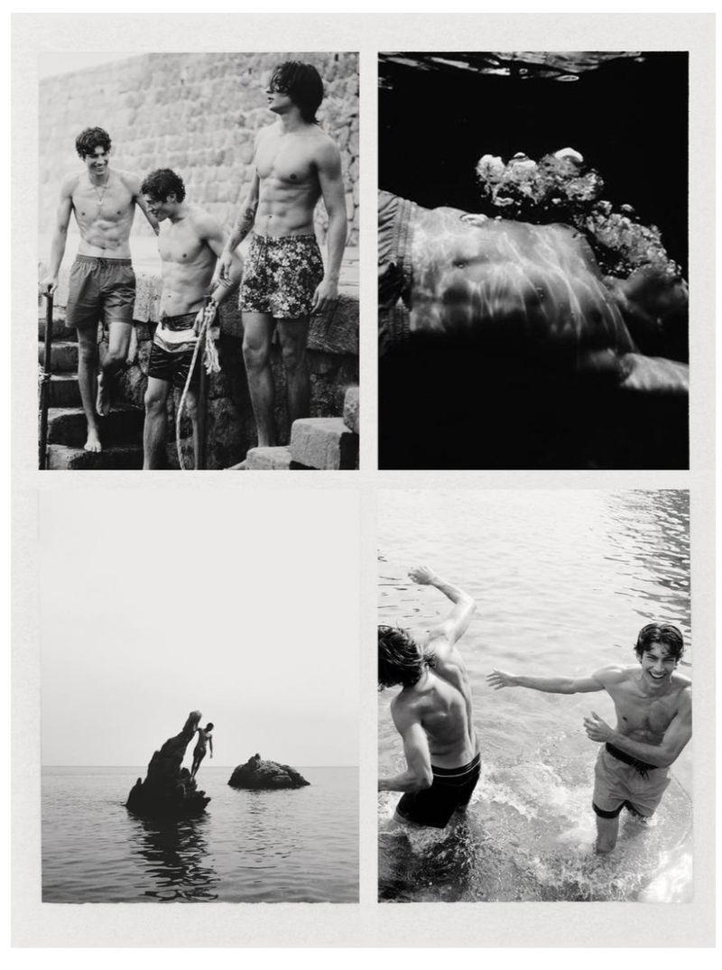 Monochrome collage of shirtless men in swimwear. Images show men on rocks, underwater, and in water with a stone wall backdrop.