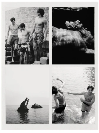 Black and white editorial layout featuring four images of male models in swimwear by the ocean.