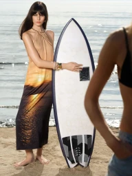 Model standing on a sandy beach holding a surfboard, wearing a halter dress with a sunset print.