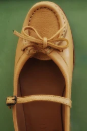 Top-down view of a tan leather Mary Jane shoe with a front bow and strap against a solid green background.