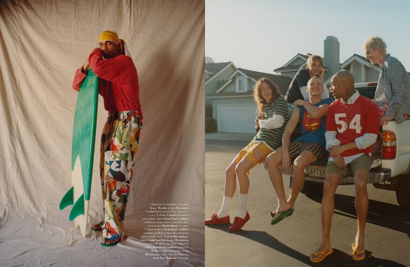 A group of young adults poses outdoors, one with a surfboard against a backdrop. Fashion editorial featuring bright colors and casual styles.