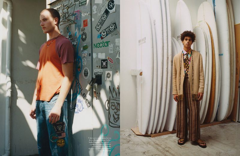 Two male fashion models pose in a split-screen composition, one in casual streetwear, one in a striped suit, surfing gear in the background.