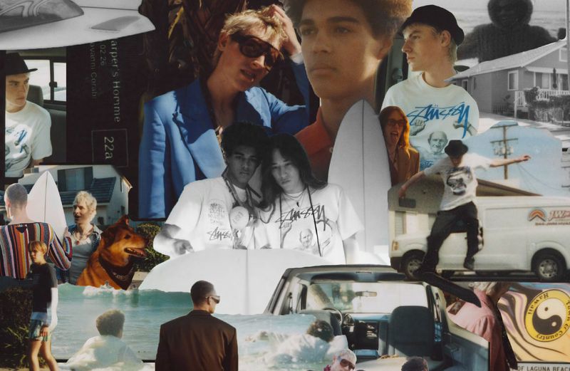 Collage of people, including pairs, surfing, and everyday life scenes, blending photography and graphic elements with Stussy branding.