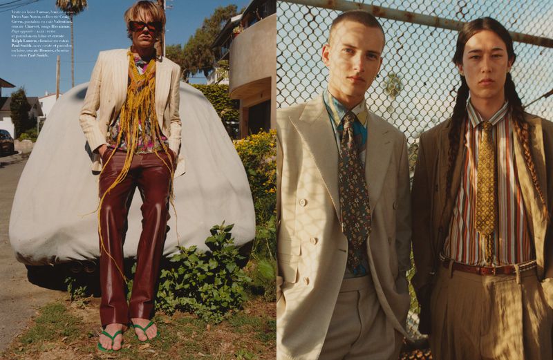 Three men in outdoor fashion shoot; one in striped jacket and leather pants, two in suits against urban and wire fence backgrounds.