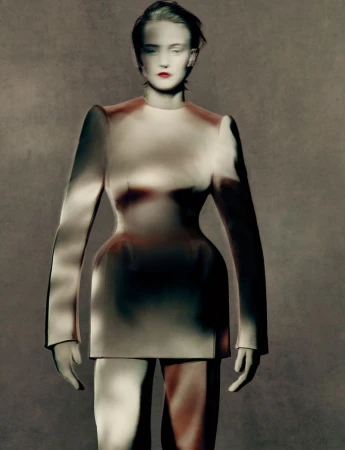 Model wearing sculptural Mugler fashion piece photographed by Paolo Roversi for AnOther Magazine.