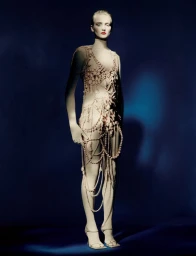Model wearing a beaded pearl dress standing against a dark blue gradient background for an AnOther Magazine editorial by Paolo Roversi.