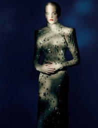 Model in a sheer star-patterned gown standing against a dark blue background for an AnOther Magazine editorial.