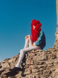 Model wearing a large red yarn headpiece and white tights seated on a stone wall against a clear blue sky