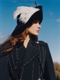 Model wearing a black hat with white feathers and a dark coat against a blue sky