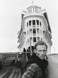 Monochrome editorial image of a male model outdoors in front of a grand hotel and railway tracks.