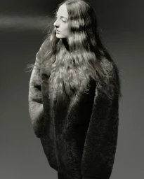 Portrait of a woman with long wavy hair wearing a textured coat against a dark gradient background.