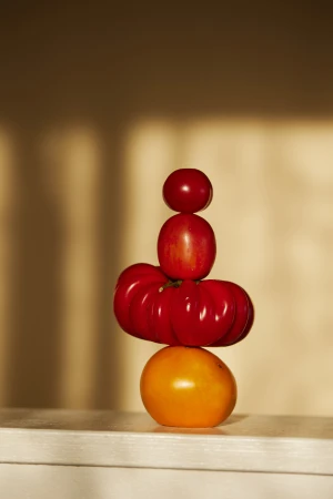 Stack of red and yellow heirloom tomatoes balanced on a white surface against a cream-colored wall with window shadow.