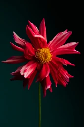 Close-up macro shot of a vibrant red flower with a golden yellow center against a dark teal background.