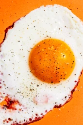 Close up of a fried egg with black pepper seasoning set against a vibrant orange background