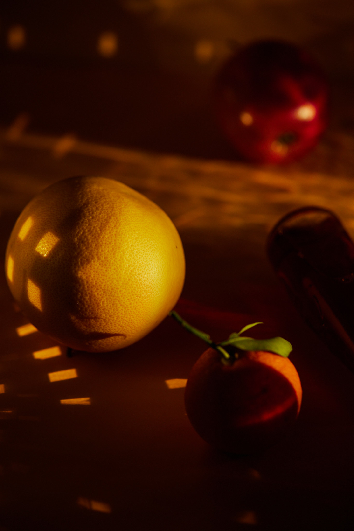 Still life photograph featuring a lemon, apple, and tangerine against a dark background with strong light and shadow creating visual contrast.