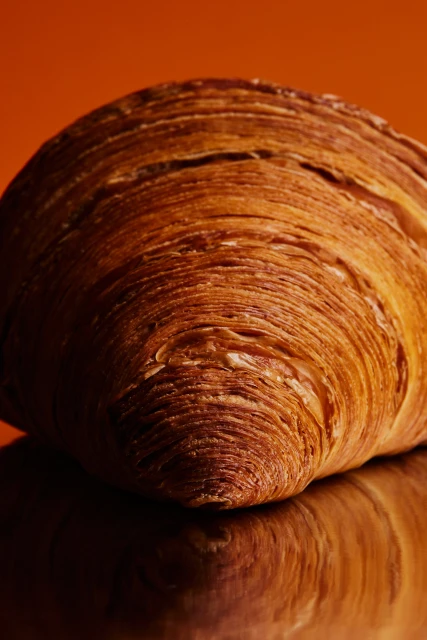 Close-up studio shot of a golden-brown croissant with layered texture, resting on a reflective surface against an orange background.