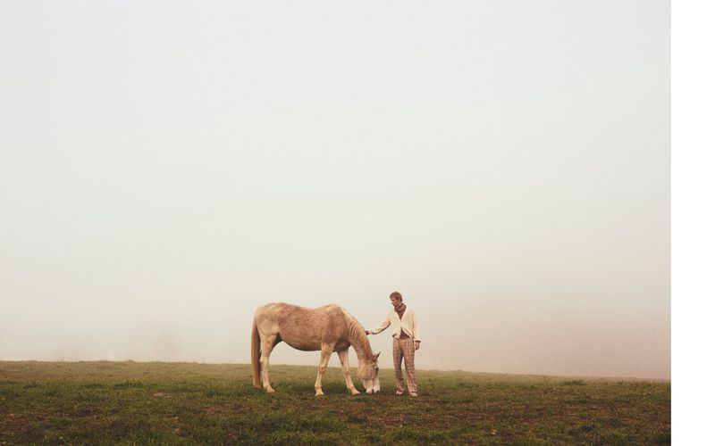 A person in neutral clothing stands on a grassy field next to a pale horse in a foggy outdoor environment with earth tone hues.