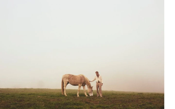 A person in neutral clothing stands on a grassy field next to a pale horse in a foggy outdoor environment with earth tone hues.