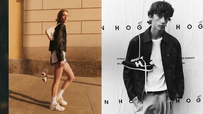 Fashion editorial featuring a young woman in a black jacket and white shorts walking in an urban setting and a man in a jacket.