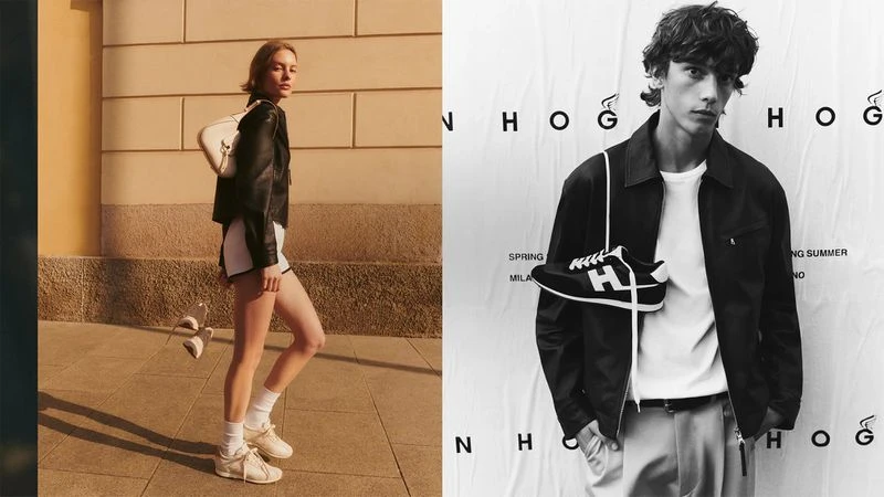 Diptyque fashion campaign split image showing a female model outdoors and a male model indoors by Hogan