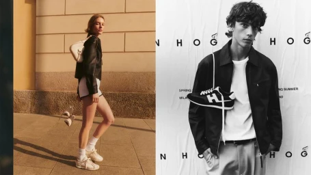 Diptyque fashion campaign split image showing a female model outdoors and a male model indoors by Hogan