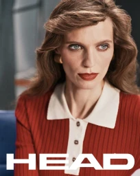 Model with red lipstick wearing a red polo shirt with white collar for Head Golf Spring Summer 2026 campaign.