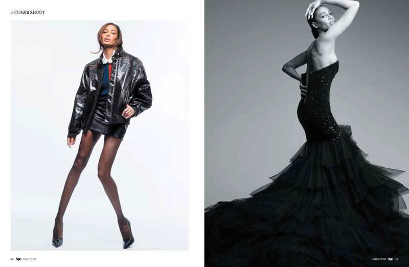 Fashion editorial featuring two women in contrasting outfits: one in a glossy jacket and the other in a black formal gown.