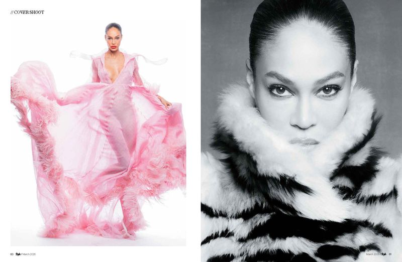 Two-panel fashion shot: woman in flowing pink gown with feathers, and a close-up in black and white with a fur collar.