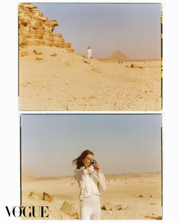 Two panels showing the Egyptian desert with pyramids and a woman in white holding a camera taking pictures in the lower panel.
