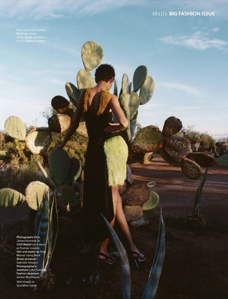 Woman in dark flowing dress with decorative fringed trim poses amongst cacti on a desert path in fashion editorial style.