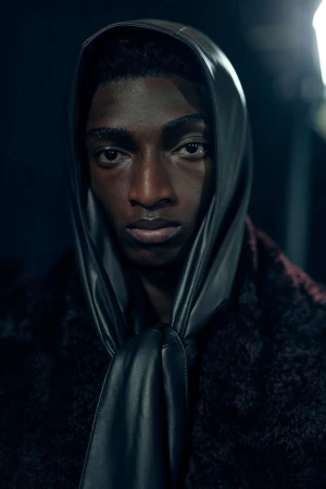 Close-up portrait of a dark-skinned adult male model wearing a leather head covering and a dark fur coat against a dark background.