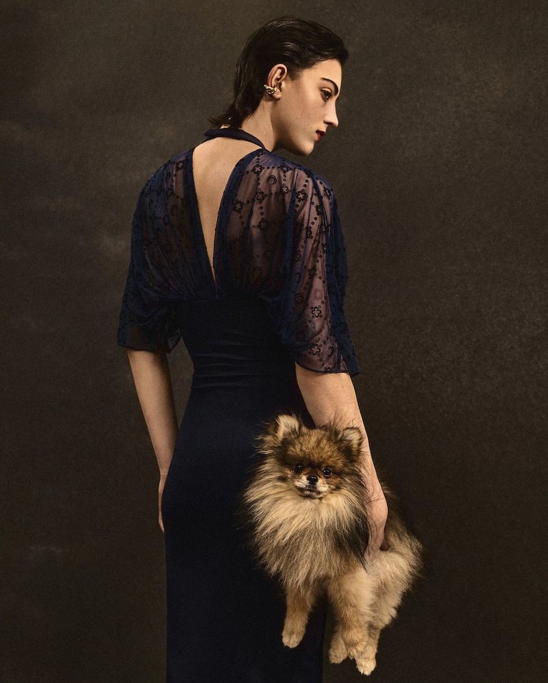 Woman in navy dress posing with a small dog. The dog is in focus. Dark background. Low-key lighting. Fashion photography.