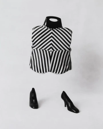 Black and white striped top on a mannequin stand with black high heels on a white background in a studio setting, fashion shot.