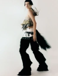 Model wearing layered strapless top and black furry trousers against a white background