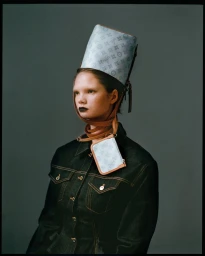 Model wearing a monogram bucket bag on head as a hat, and a dark denim jacket against a neutral grey background