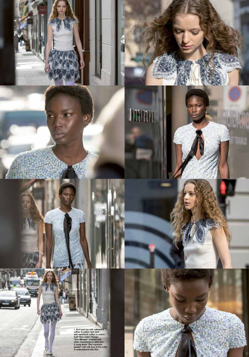 Collage of fashion models in city settings wearing similar patterned light blue and white tops with dark accents and embellishments.