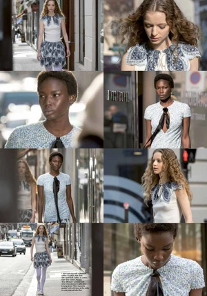 Multiple panels showing fashion models wearing embroidered clothing on a city street.