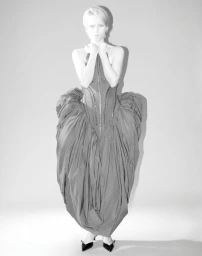 Model Lena Mantler in a voluminous dress with hands clutched to chest against a grey studio backdrop.
