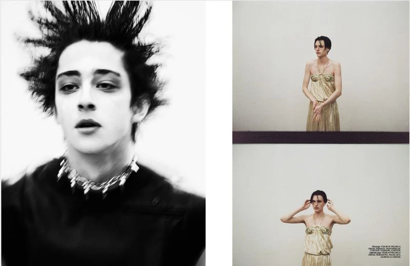 Monochrome portrait of a young man with spiky hair and a silver necklace. A woman in a gold dress appears in two frames on the right.
