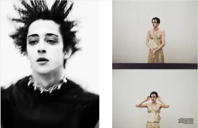 Monochrome portrait of a young man with spiky hair and a silver necklace. A woman in a gold dress appears in two frames on the right.