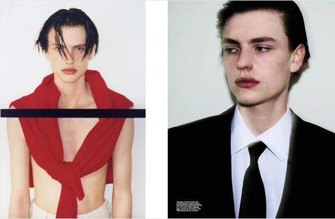 Editorial fashion shot of a young man with dark hair wearing a red sweater, split image with another male model in a black suit.