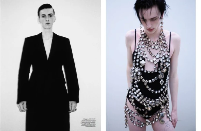 Fashion editorial shot of two young adult models in a studio setting. One model in a black suit, the other in a jeweled dress.