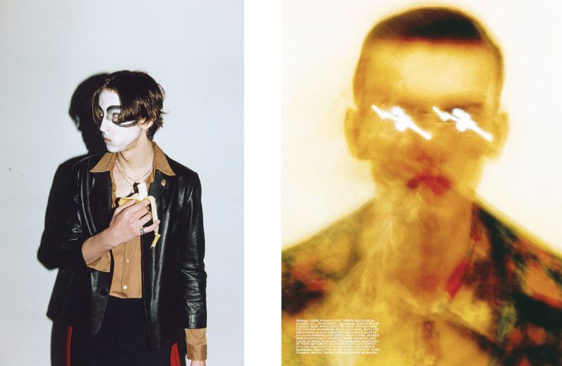 Artistic split-image: One man with face paint holds a banana, the other a blurred portrait with bright accents, studio lighting.