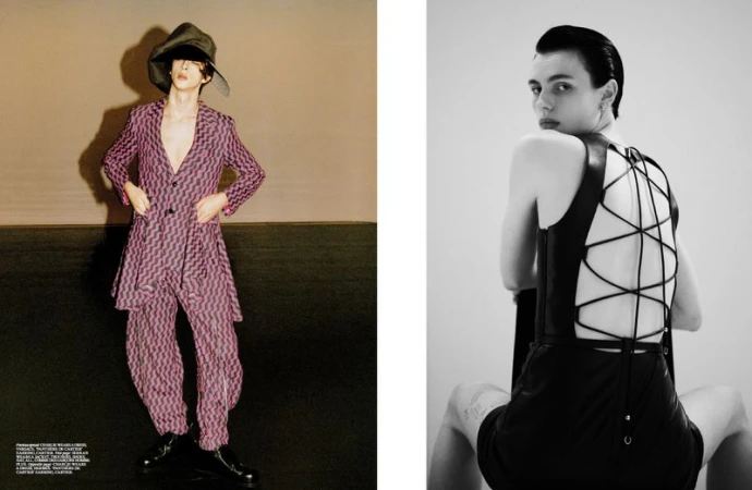 A split image featuring two adults, one in a patterned suit and hat, the other in a black dress with laced back, against plain backdrops.
