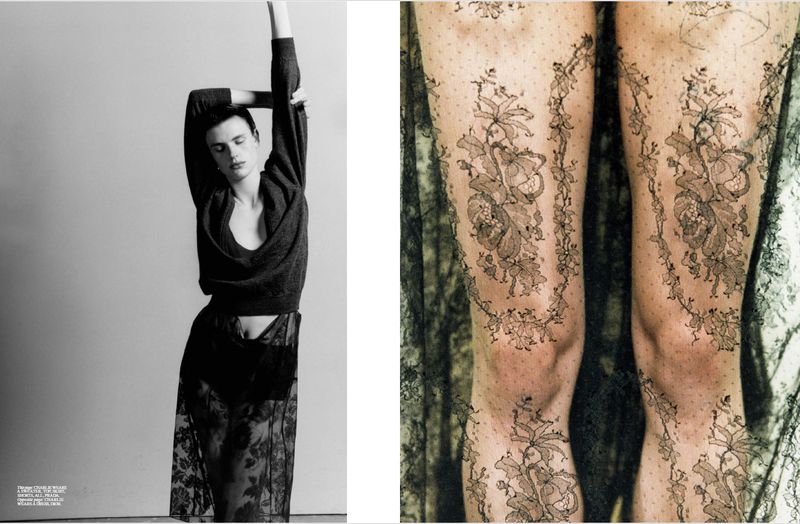 Monochrome fashion shot of a person in a dark sweater and sheer floral skirt, contrasted with floral-patterned legs.