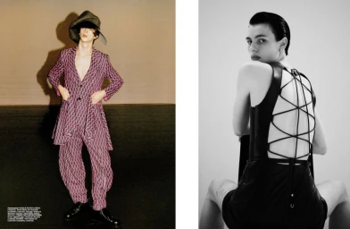 Two fashion editorial panels showing a model in a patterned suit and hat, and another model in a black laced-back dress.
