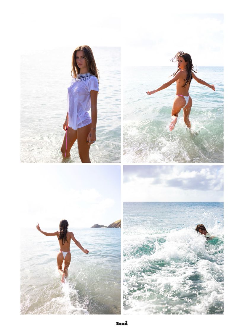 A fashion collage showcasing a woman on a bright beach wearing a white top and bikini bottoms, with ocean views and clear skies.