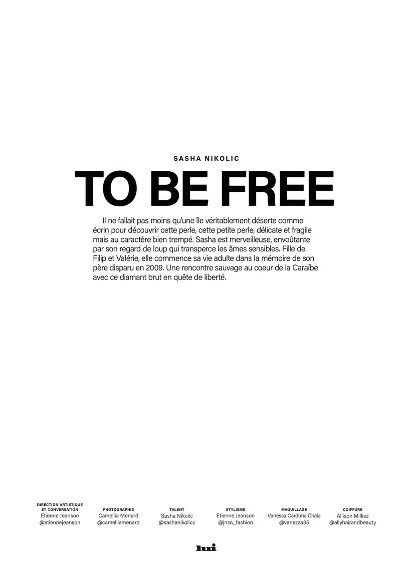 Black and white fashion editorial on a white backdrop featuring the name Sasha Nikolic and the title 'To Be Free' in large font.